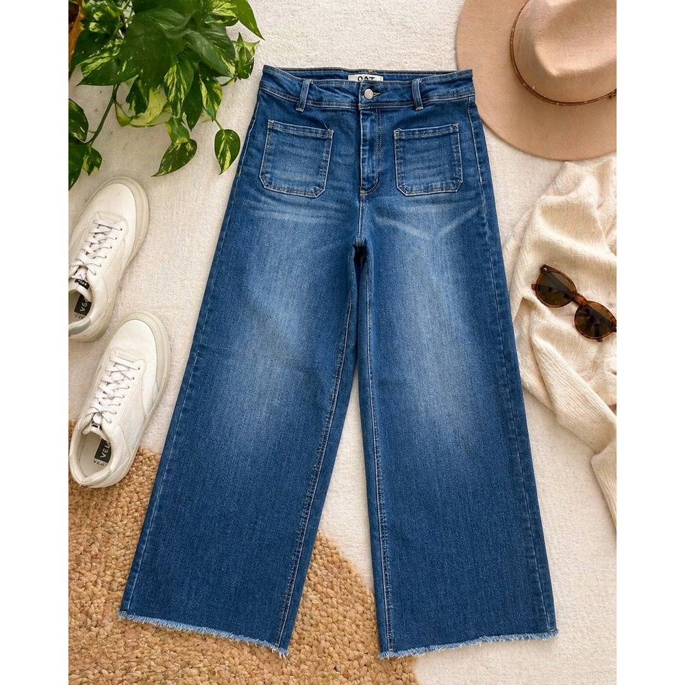 OAT New York Womens High Rise Wide Leg Raw Hem Patch Pocket Jeans Blue 12/31